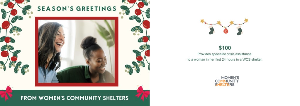 Women's Community Shelters eCard donation, with a value of $100