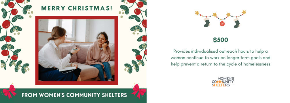 Women's Community Shelters eCard donation, with a value of $500